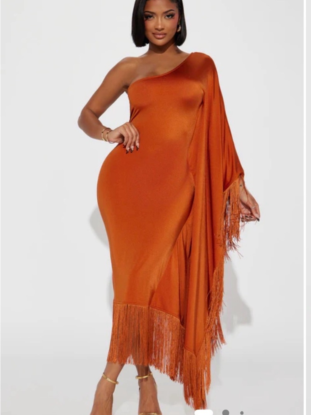 Fashion Nova One-Shoulder Fringe Dress in Rust Orange